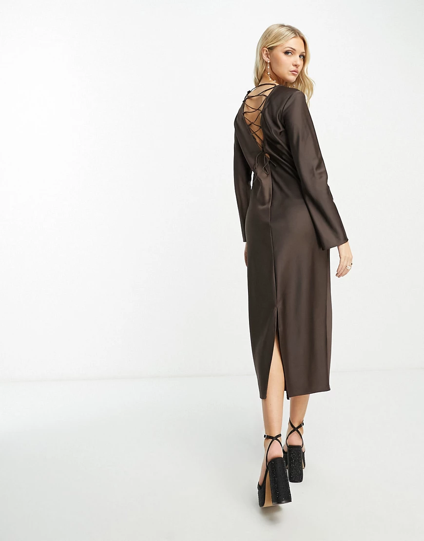 Monki long sleeve cross back dress in brown