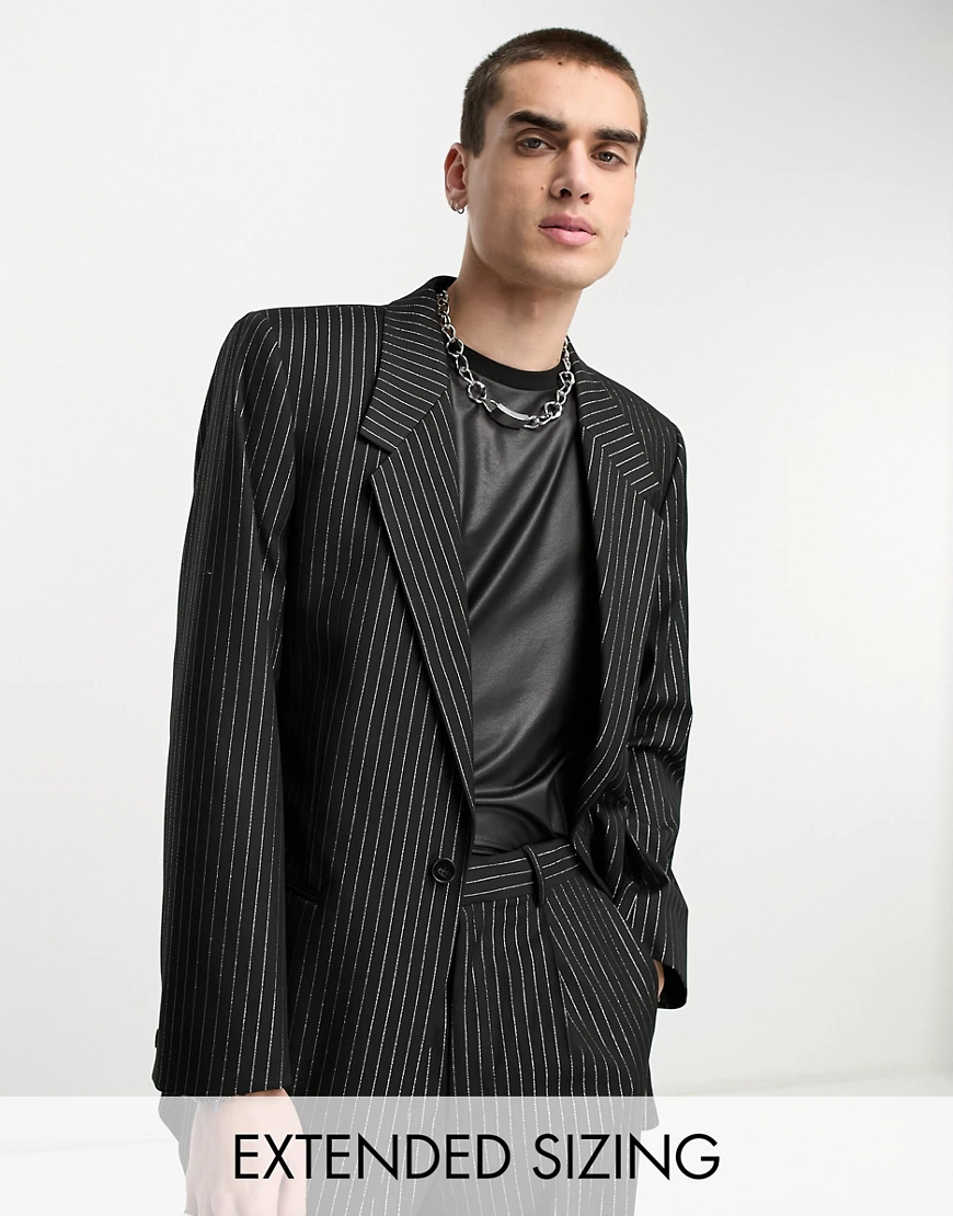 ASOS DESIGN slim longline suit jacket in black with gold pinstripe