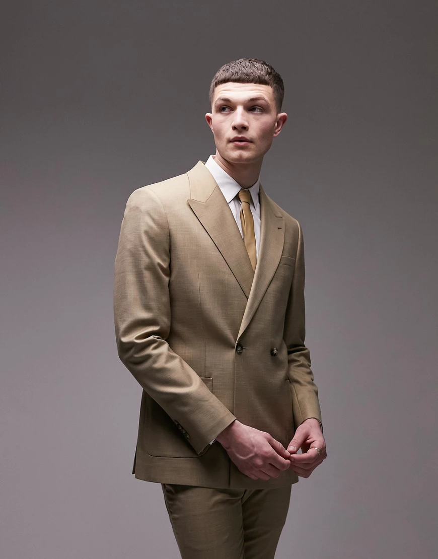 Topman super skinny double breasted two button wedding suit jacket in olive-Green