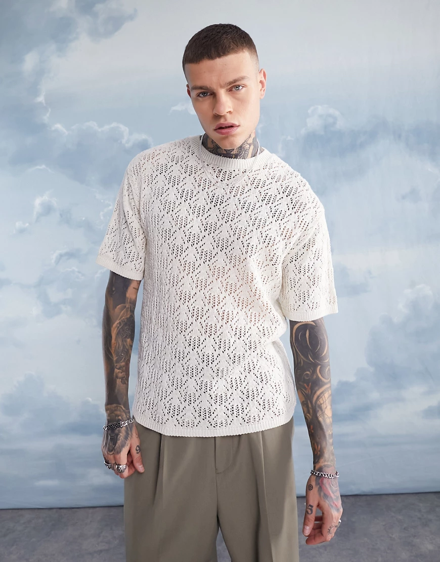 ASOS DESIGN oversized knitted pointelle t-shirt in off white