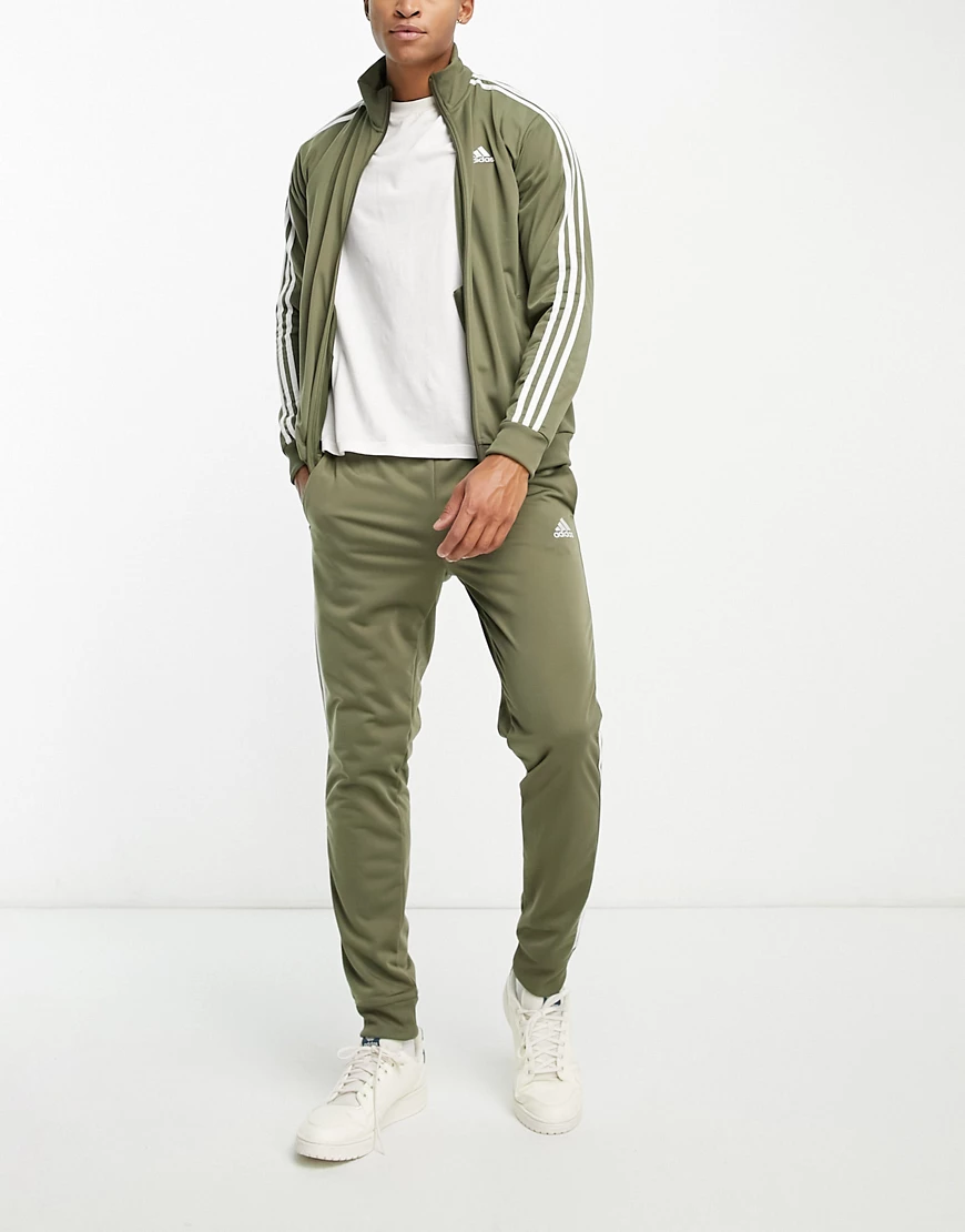 adidas Sportswear 3 stripe tracksuit in green