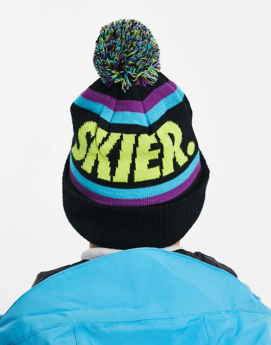 Planks Skier bobble beanie in blue/black