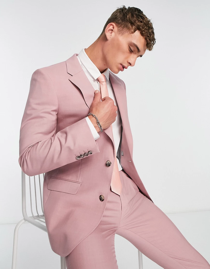 Noak premium wool-rich skinny suit jacket in pastel pink