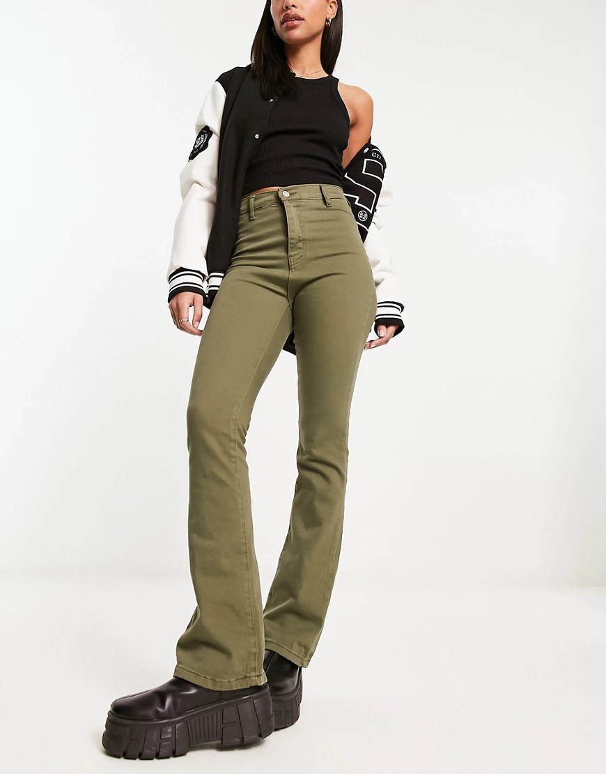 DTT Bianca high waisted wide leg disco jeans in khaki-Green