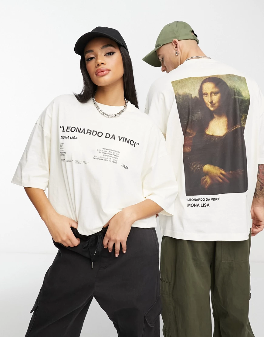 ASOS DESIGN unisex oversized t-shirt with Da Vinci prints in stone-Neutral