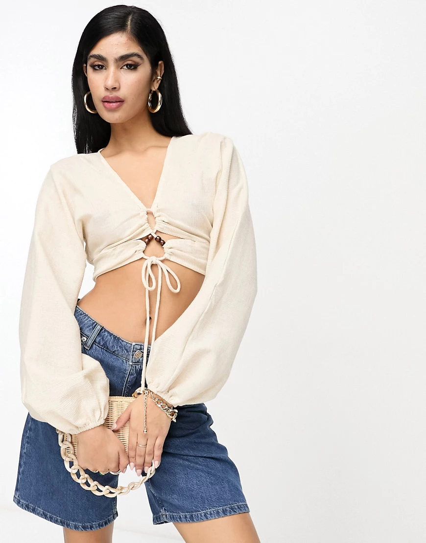 ASOS DESIGN long sleeve crinkle top with lace up lattice detail in oatmeal-Neutral