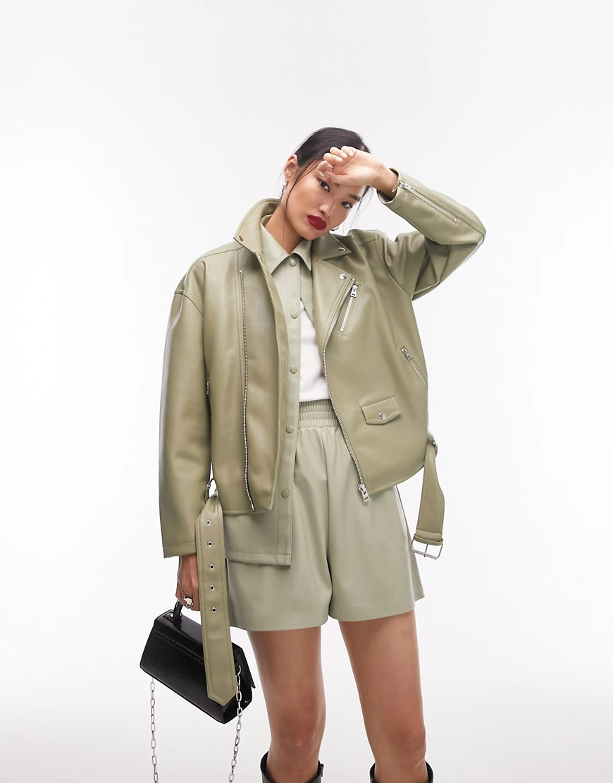 Topshop faux leather oversized biker jacket in sage-Green