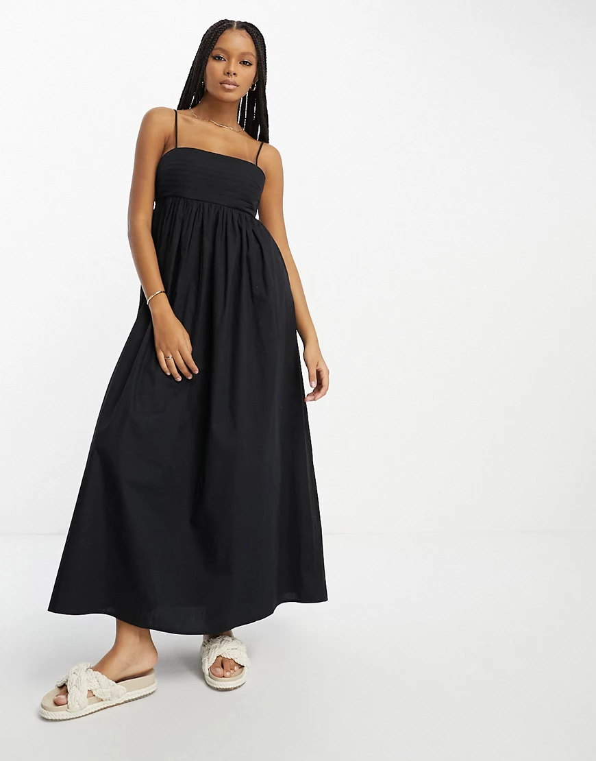 ASOS DESIGN cotton pleat bust midi babydoll sundress in black