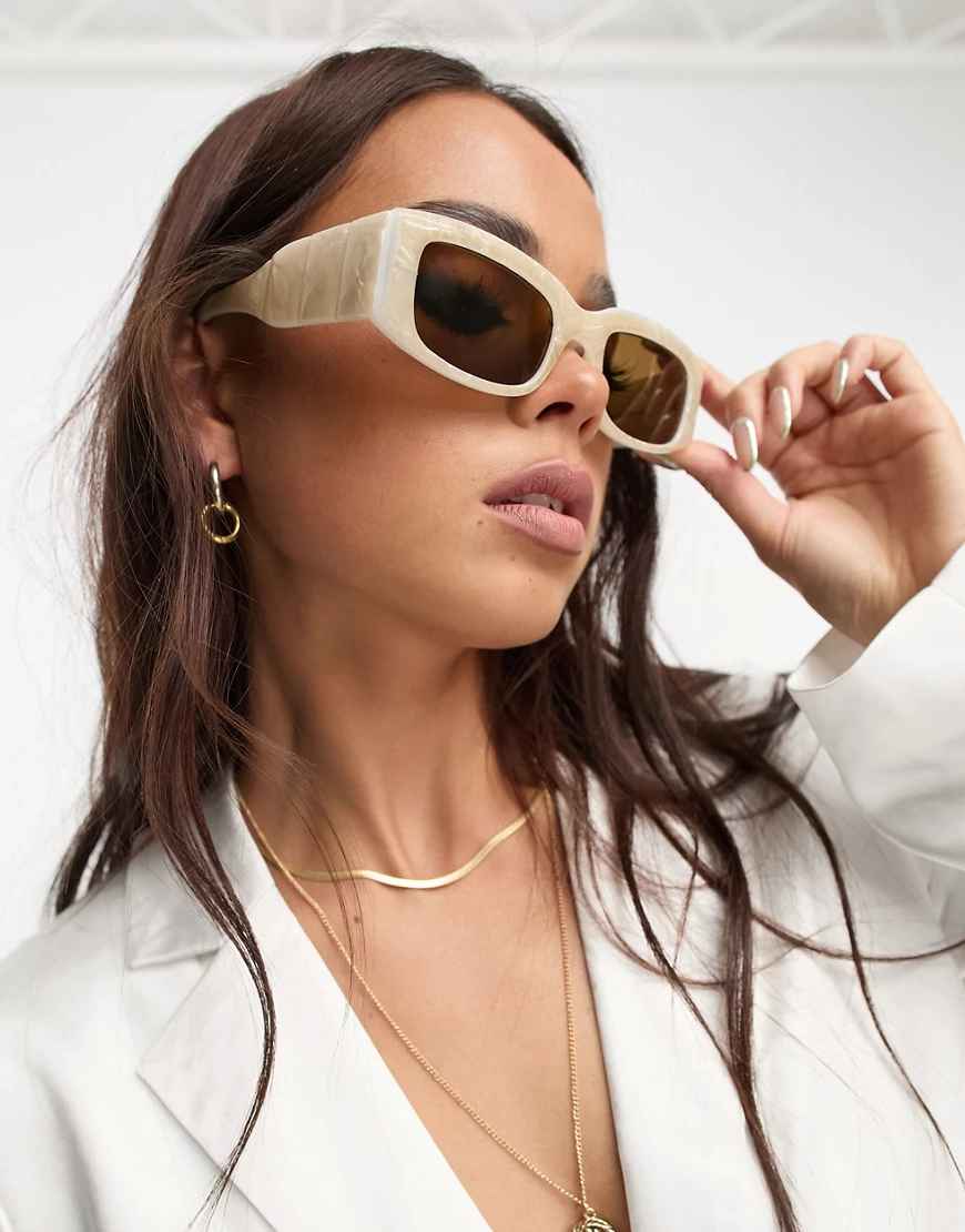 ASOS DESIGN mid square sunglasses with temple detail in white acetate transfer