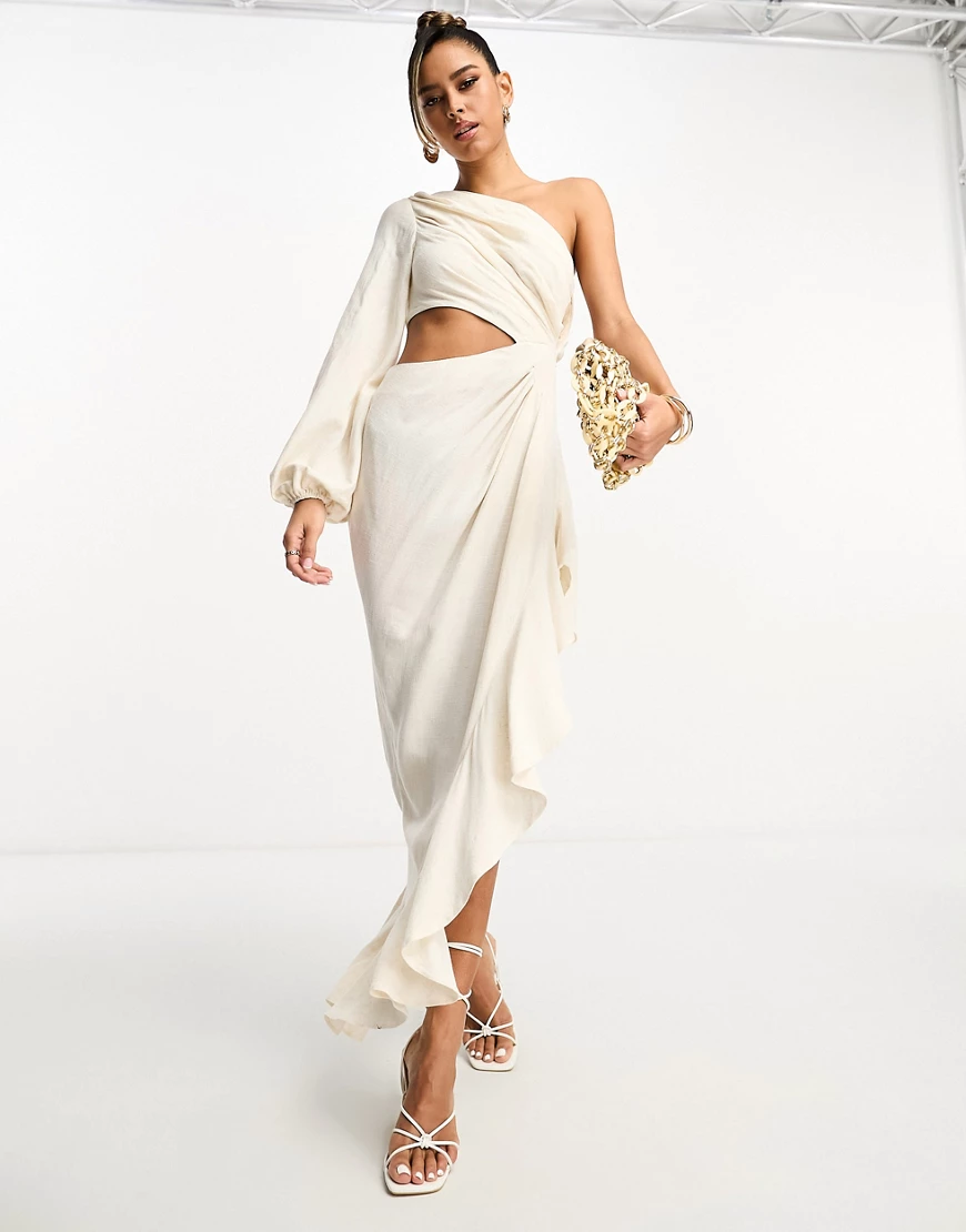 ASOS DESIGN linen ruched one sleeve maxi dress with ruffle side split in stone-Neutral