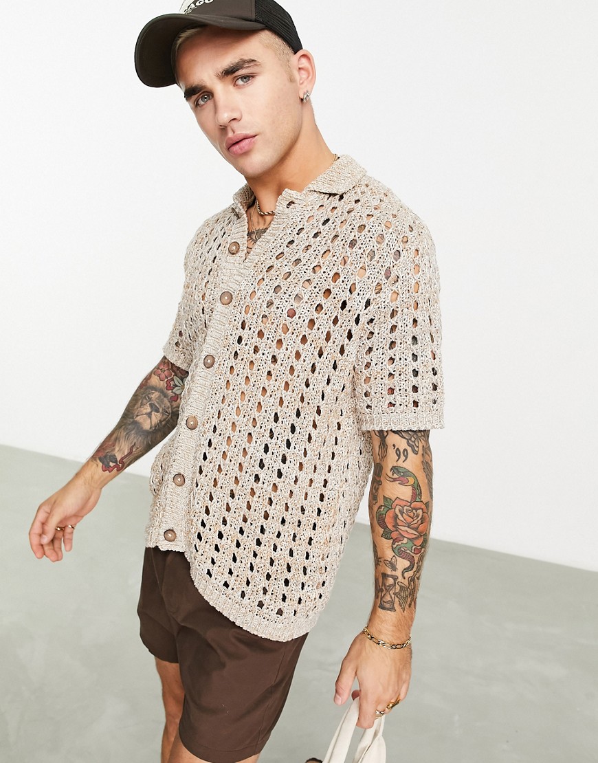 ASOS DESIGN oversized knitted button through pointelle polo in beige-Neutral