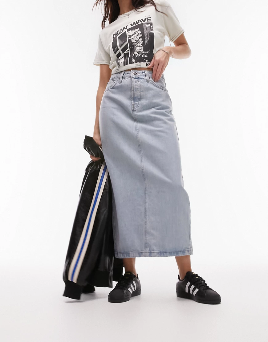 Topshop denim midi skirt in bleach-Blue