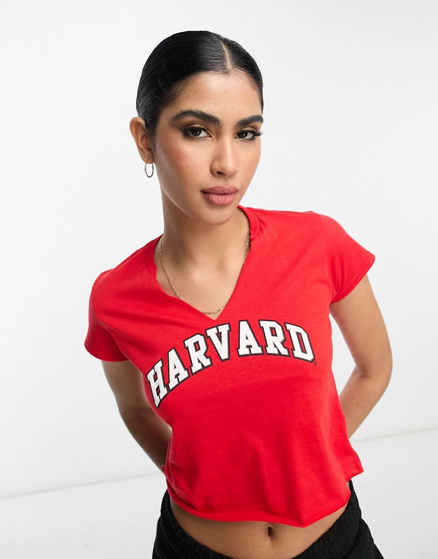 ASOS DESIGN slashed neck harvard license graphic tee in red