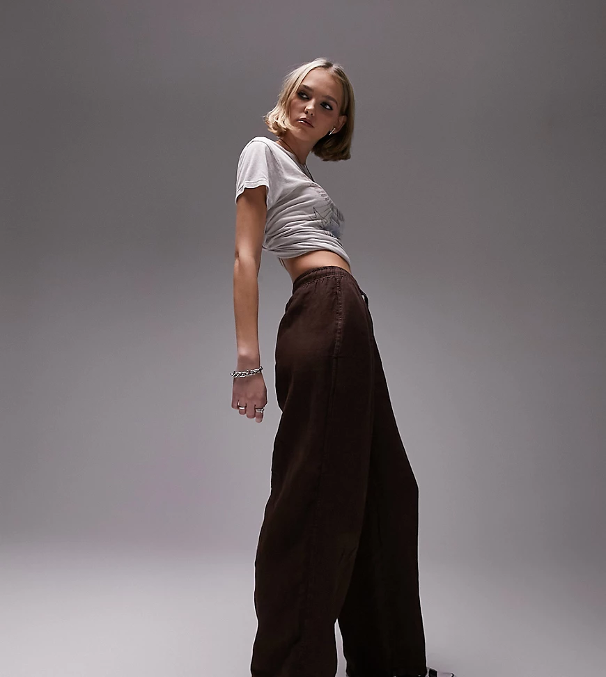 Topshop Petite linen tie waist wide leg trouser in chocolate-Brown