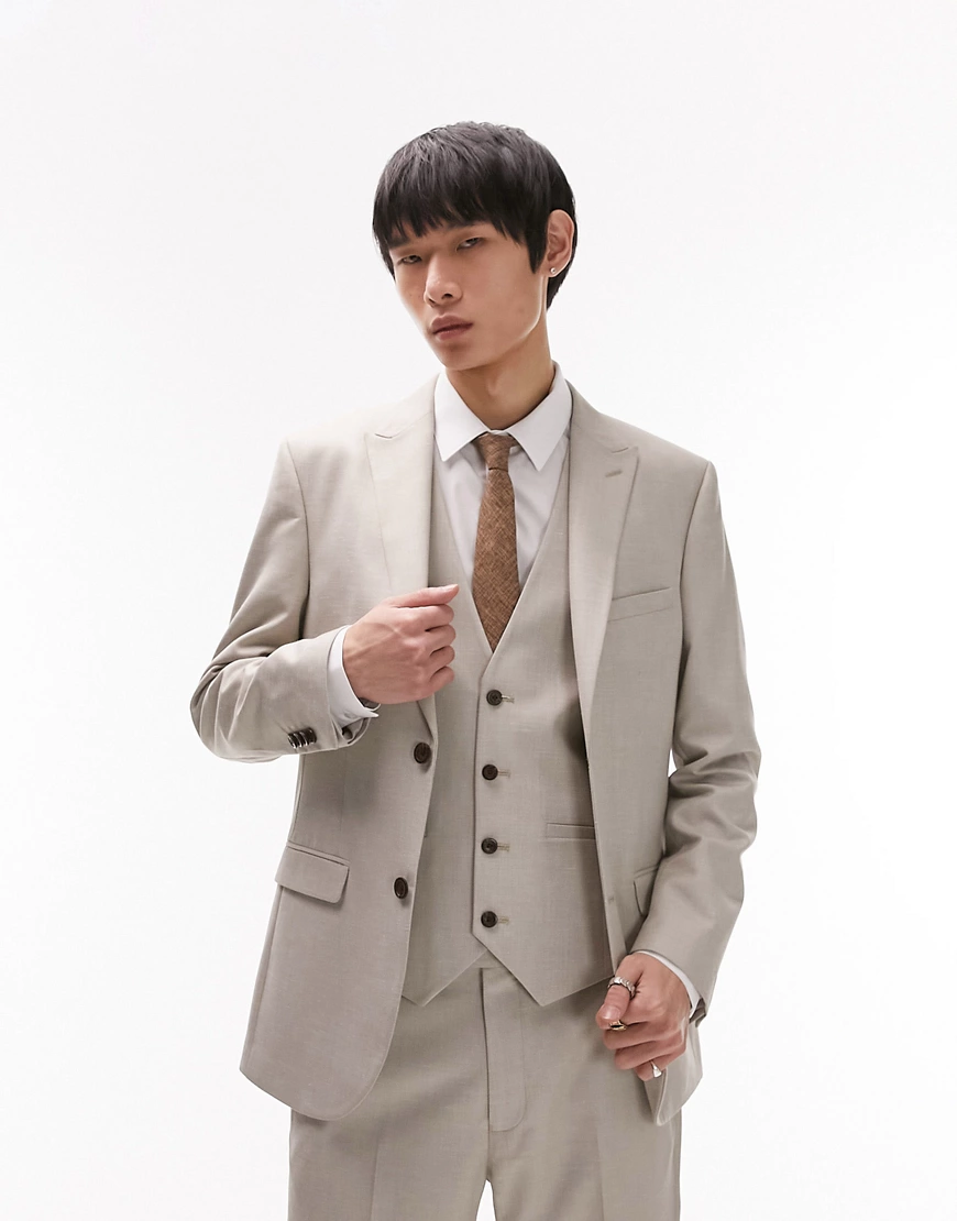 Topman slim linen blend suit jacket in stone-Neutral