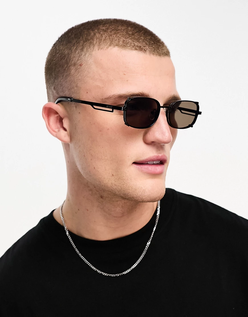 ASOS DESIGN slim metal sunglasses with double frame and blue mirror lens in black