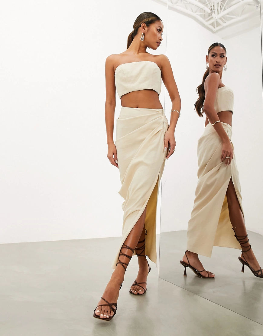 ASOS EDITION linen wrap midi skirt in stone-Neutral