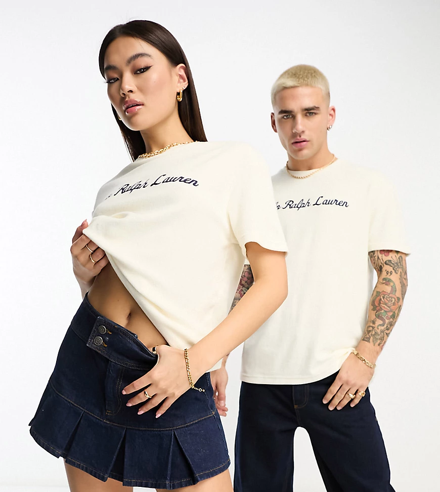 Polo Ralph Lauren x ASOS exclusive collab terry towelling t-shirt in cream with chest script logo-White