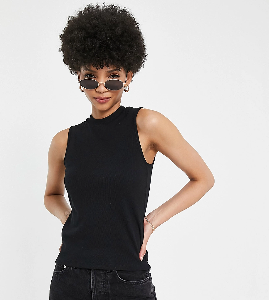 Threadbare Tall ribbed high neck tank top in black