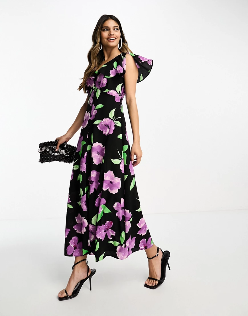 ASOS DESIGN flutter sleeve midi tea dress with buttons in large purple floral print-Multi