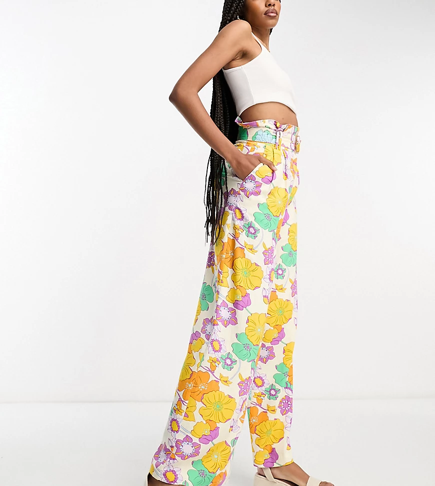 ASOS DESIGN Tall linen oversized floral printed paperbag waist wide leg trouser in multi