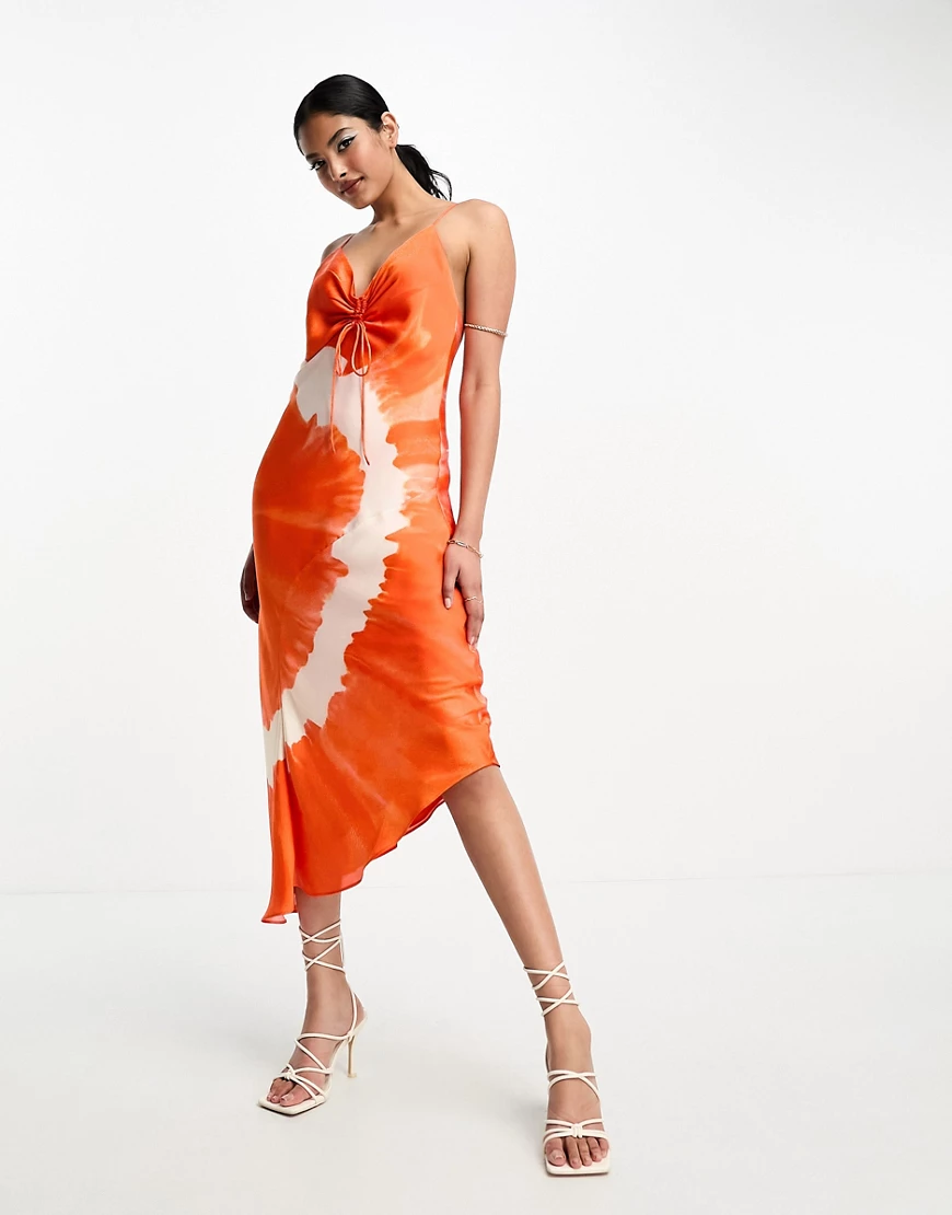 AllSaints Alexia Mariana satin tie dye midi dress in orange