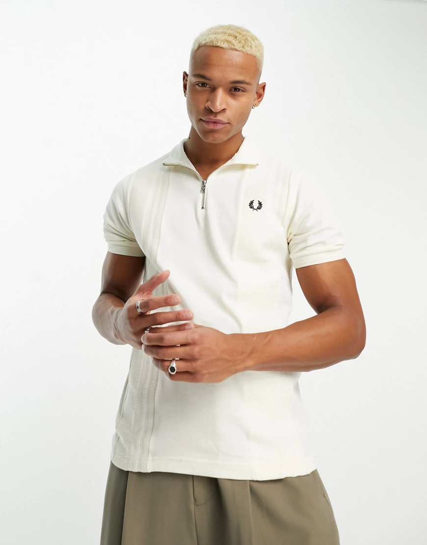 Fred Perry zip collar polo shirt in cream-White