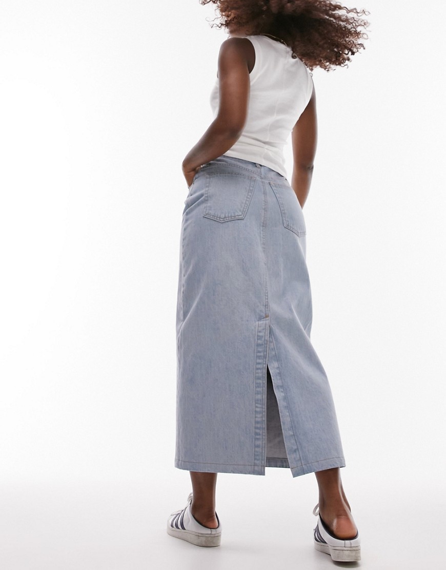 Topshop Hourglass denim midi skirt in bleach-Blue