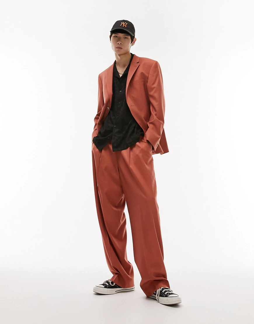 Topman wide leg with pleat suit trouser in burnt orange-Brown