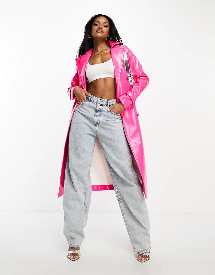 Something New X Flamefaire vinyl trench coat in bright pink