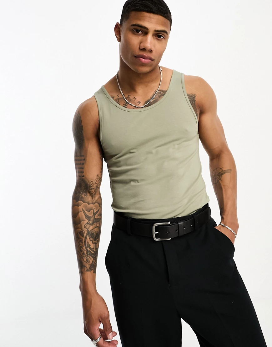 ASOS DESIGN muscle fit vest with scoop neck in khaki-Green