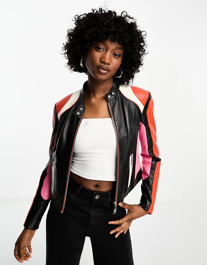 BOSS Satori colour block leather jackets in black