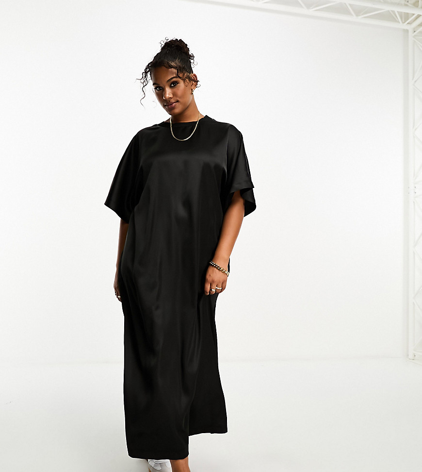 ASOS DESIGN Curve satin oversized midi tshirt dress in black