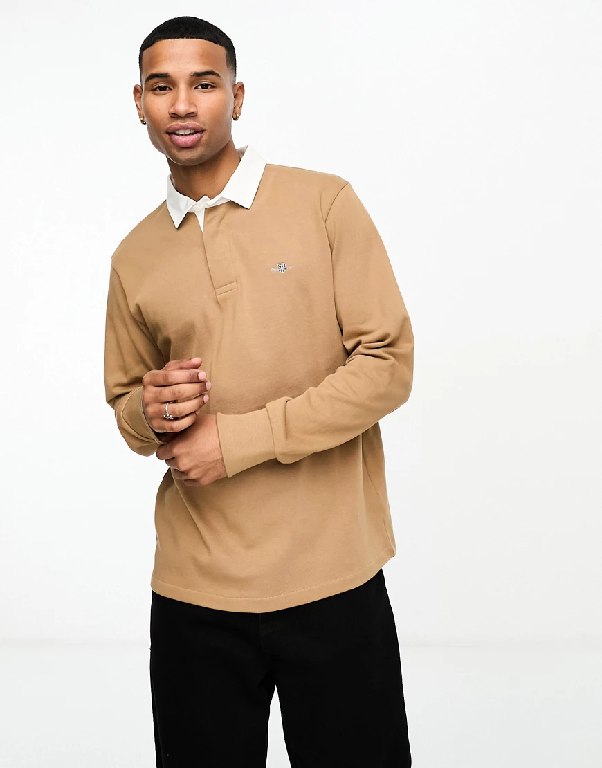 GANT shield logo heavy rugby polo in khaki tan-Brown