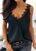 Solid V Neck Lace Splicing Tank Black