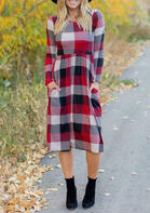 Plaid Splicing O-Neck Pocket Casual Dress without Necklace - Red