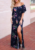 Floral Tie Slit Off Shoulder Maxi Dress - Navy Blue