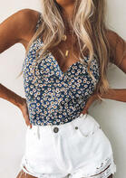 Floral Ruffled V-Neck Camisole without Necklace - Navy Blue