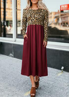 Leopard Printed Ruffled Pocket Long Sleeve Maxi Dress - Burgundy