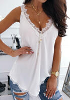 Solid Lace Splicing V-Neck Tank White