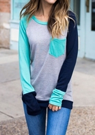 Color Block Pocket Long Sleeve Baseball T-Shirt Tee