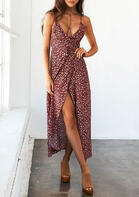 Floral Slit Spaghetti Strap Maxi Dress without Necklace - Red