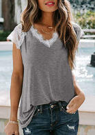 Lace Splicing V-Neck Blouse without Necklace - Gray