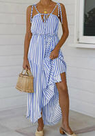 Striped Irregular Ruffled Tie Hollow Out Maxi Dress without Necklace - Blue