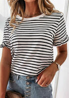 Striped Ruffled O-Neck T-Shirt Tee without Necklace - Black