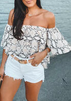 Snake Skin Off Shoulder Flare Sleeve Blouse without Necklace