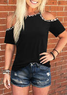 Leopard Splicing Cold Shoulder Blouse without Necklace - Black