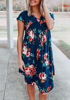 Floral Ruffled Hollow Out Mini Dress without Necklace - Navy Blue