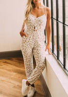 Leopard Hollow Out Drawstring Ruffled Tie Pocket Jumpsuit