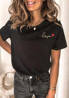 Love Heart O-Neck T-Shirt Tee without Necklace - Black